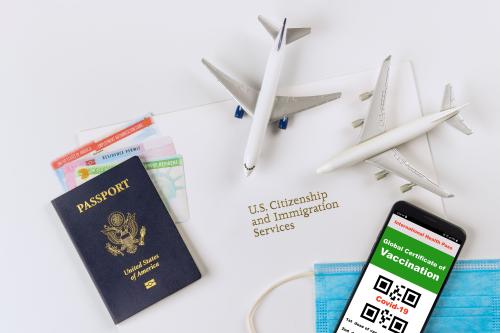A plane with a passport and ticket.